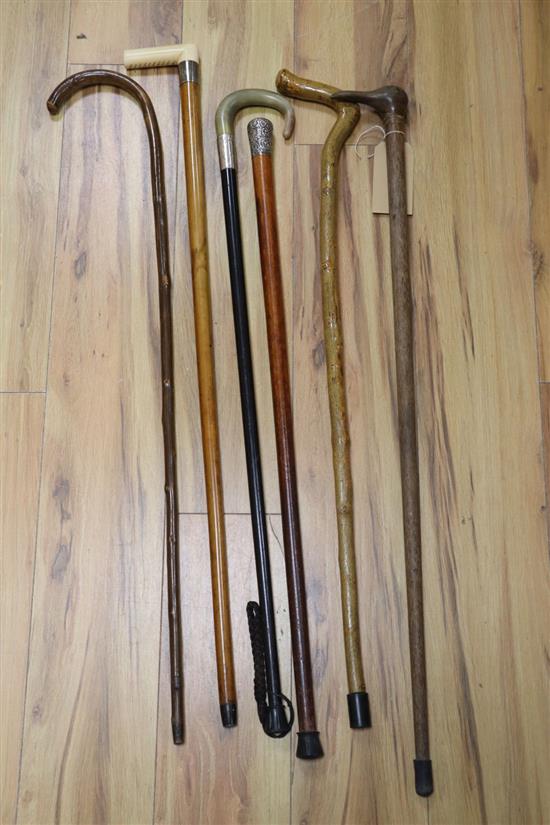 Six walking sticks, to include a Victorian ivory handled malacca cane, a Pitcairn Islands cocus wood stick and two other silver mounted